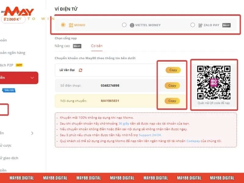 Nạp tiền May88 qua momo siêu nhanh chóng