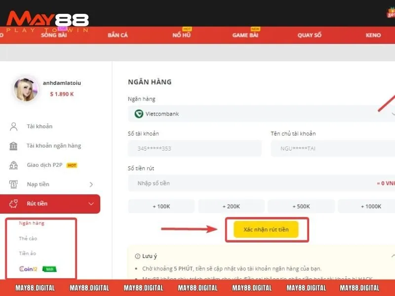 Rút tiền MAY88 bằng cách chuyển khoản trực tiếp về tài khoản banking online